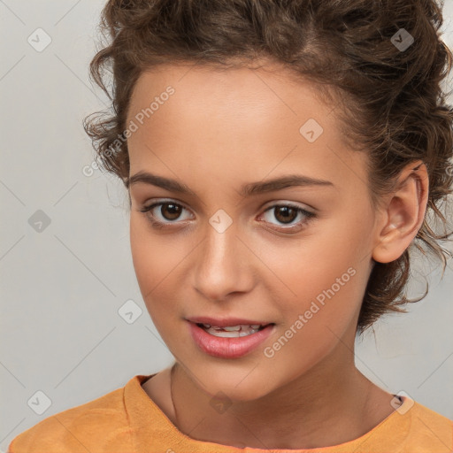 Joyful white child female with medium  brown hair and brown eyes