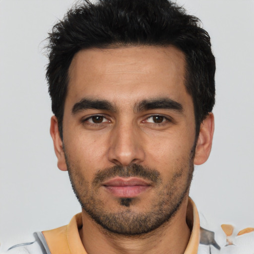 Neutral white young-adult male with short  black hair and brown eyes