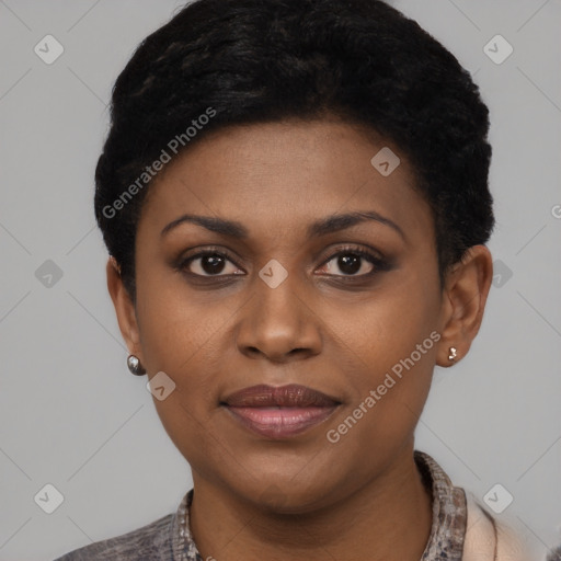 Joyful black young-adult female with short  black hair and brown eyes