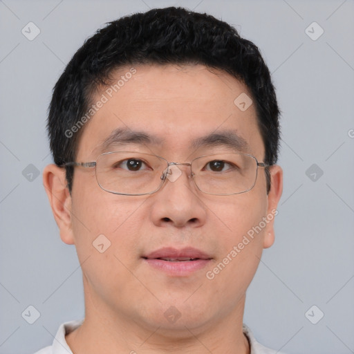 Neutral asian adult male with short  brown hair and brown eyes