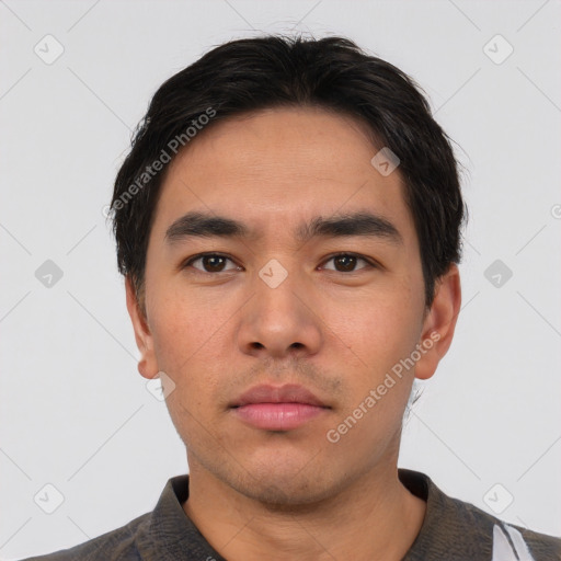 Neutral asian young-adult male with short  black hair and brown eyes