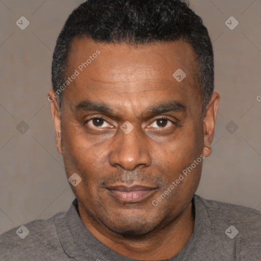 Neutral black adult male with short  black hair and brown eyes