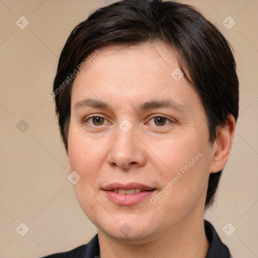 Joyful white adult female with medium  brown hair and brown eyes