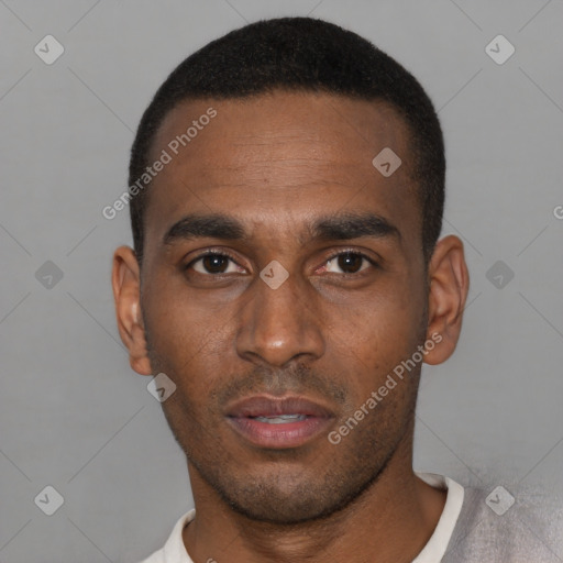 Neutral latino young-adult male with short  black hair and brown eyes
