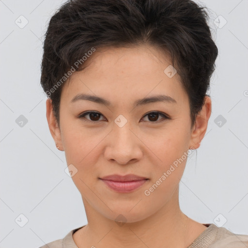 Joyful asian young-adult female with short  brown hair and brown eyes