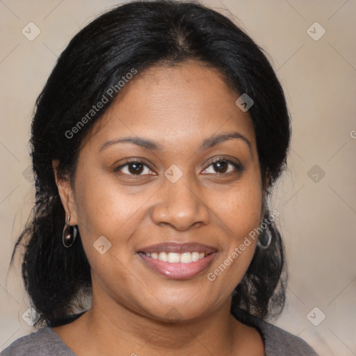 Joyful black young-adult female with medium  brown hair and brown eyes