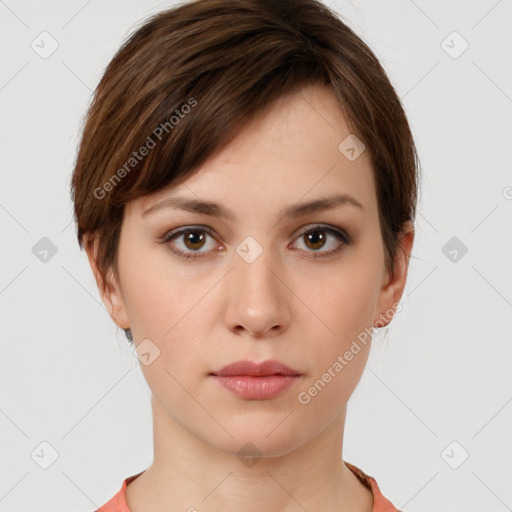 Neutral white young-adult female with short  brown hair and brown eyes