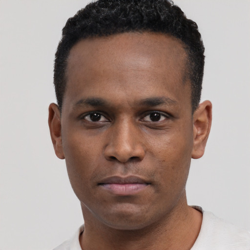 Neutral black young-adult male with short  black hair and brown eyes