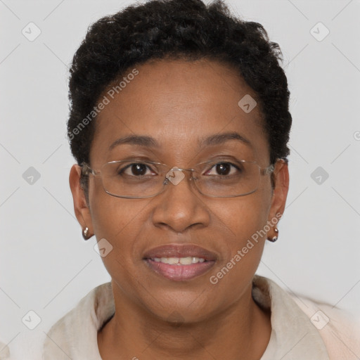 Joyful black adult female with short  brown hair and brown eyes