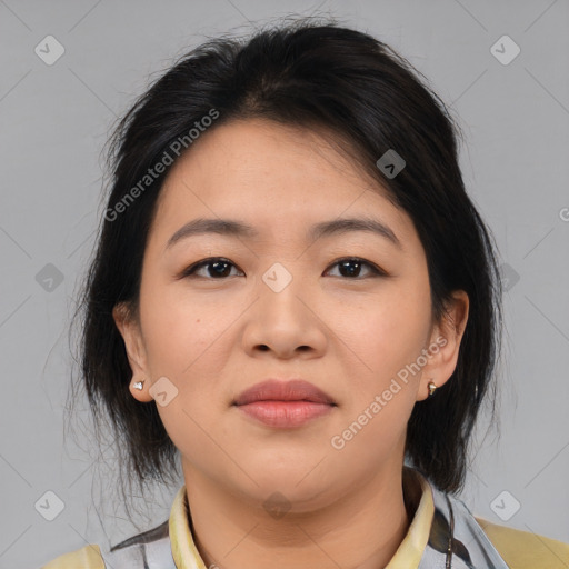 Neutral asian young-adult female with medium  brown hair and brown eyes