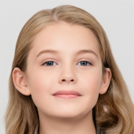 Joyful white child female with long  brown hair and grey eyes