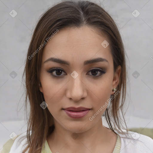 Neutral white young-adult female with medium  brown hair and brown eyes