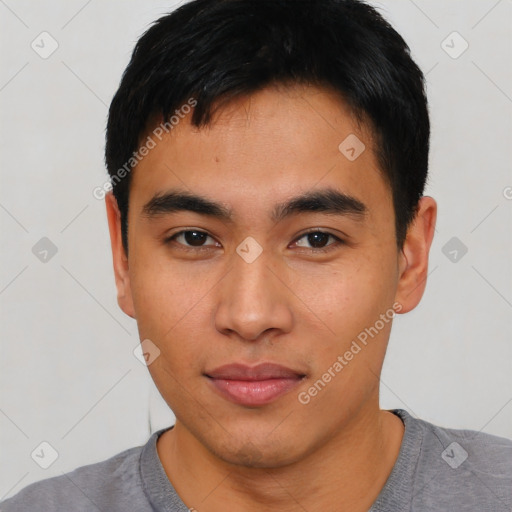 Neutral asian young-adult male with short  black hair and brown eyes