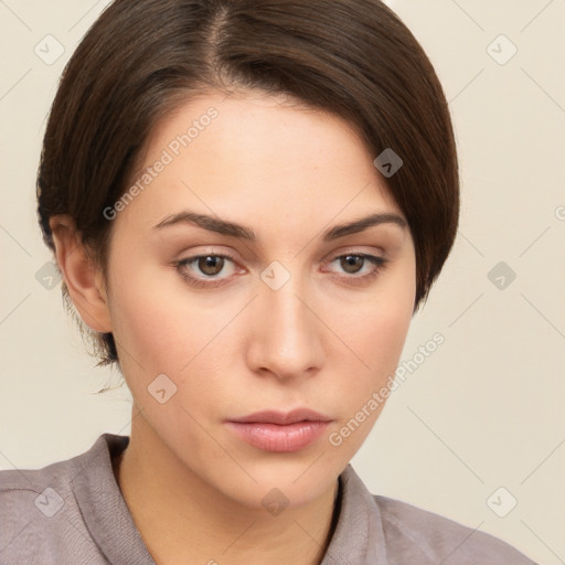 Neutral white young-adult female with short  brown hair and brown eyes