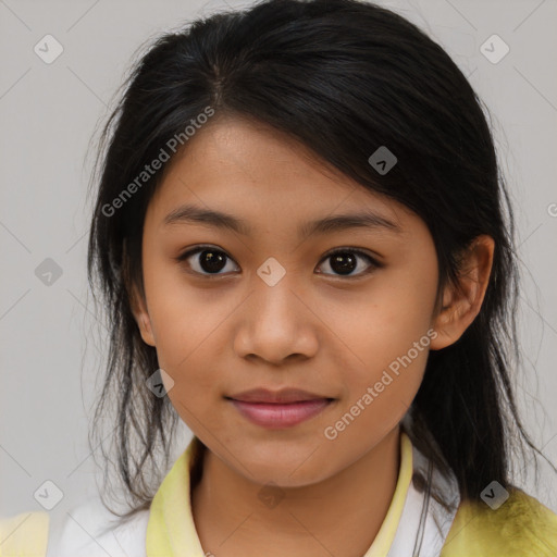 Joyful asian child female with medium  brown hair and brown eyes