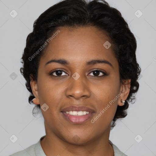 Joyful black young-adult female with medium  brown hair and brown eyes