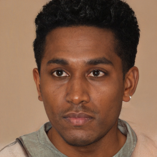 Neutral black young-adult male with short  black hair and brown eyes
