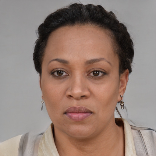 Neutral latino adult female with short  brown hair and brown eyes