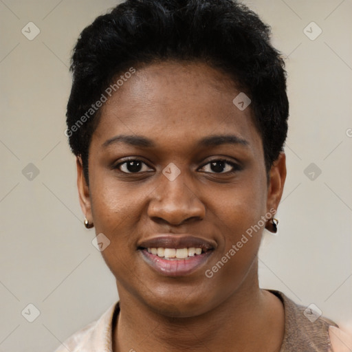 Joyful black young-adult female with short  black hair and brown eyes