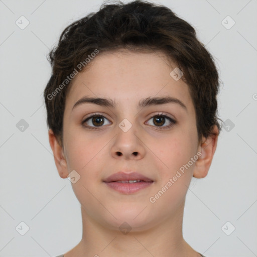 Neutral white young-adult female with short  brown hair and brown eyes