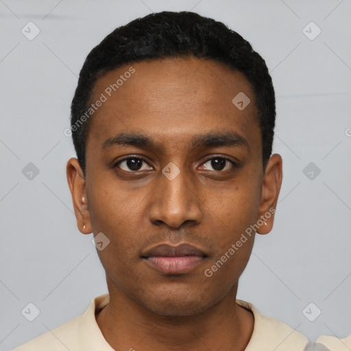 Neutral latino young-adult male with short  black hair and brown eyes