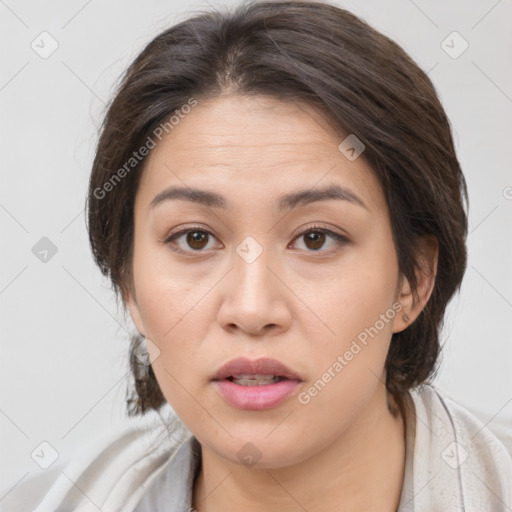 Joyful white young-adult female with medium  brown hair and brown eyes