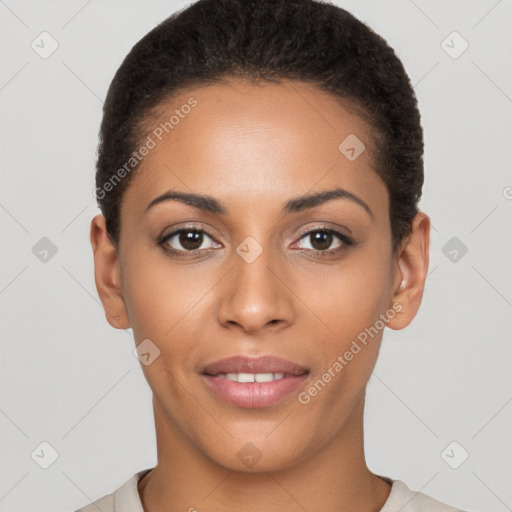 Joyful latino young-adult female with short  brown hair and brown eyes