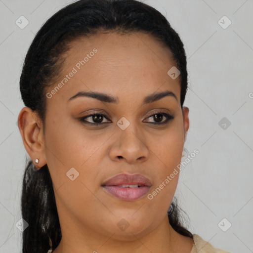 Joyful latino young-adult female with long  brown hair and brown eyes