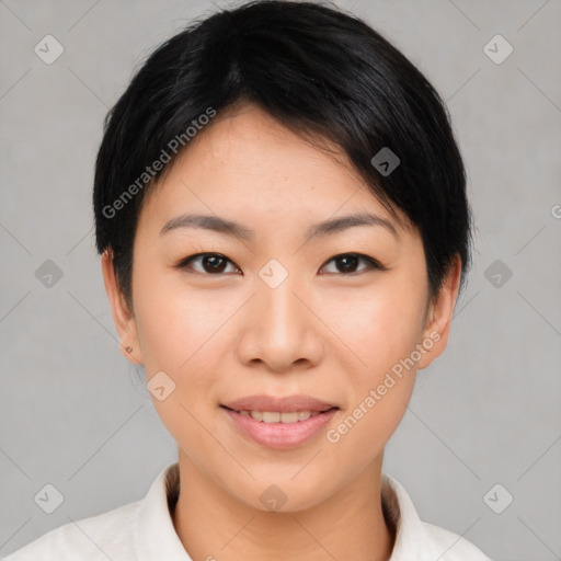 Joyful asian young-adult female with short  brown hair and brown eyes