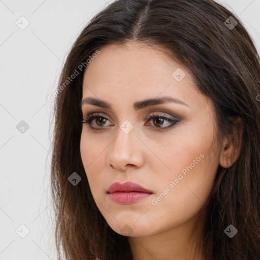 Neutral white young-adult female with long  brown hair and brown eyes