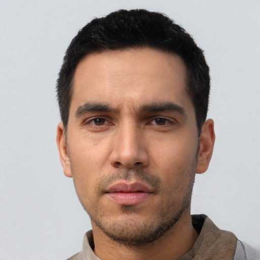 Neutral asian young-adult male with short  black hair and brown eyes