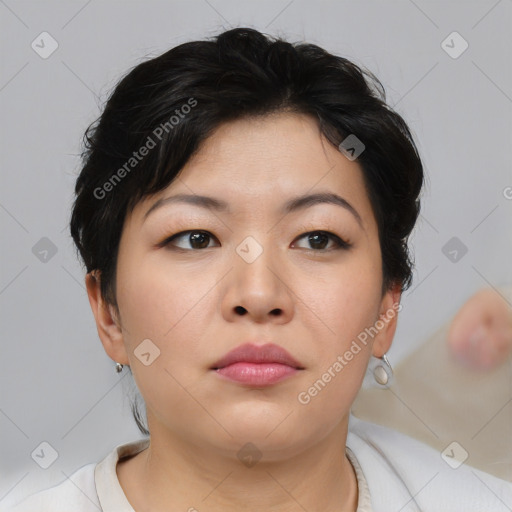 Neutral asian young-adult female with short  brown hair and brown eyes