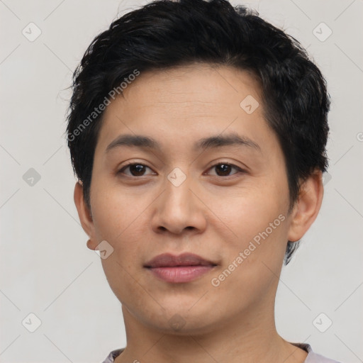 Neutral asian young-adult male with short  black hair and brown eyes