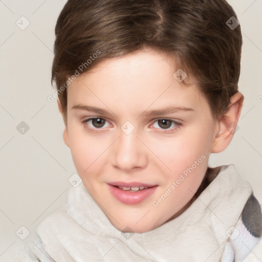 Joyful white child female with short  brown hair and brown eyes