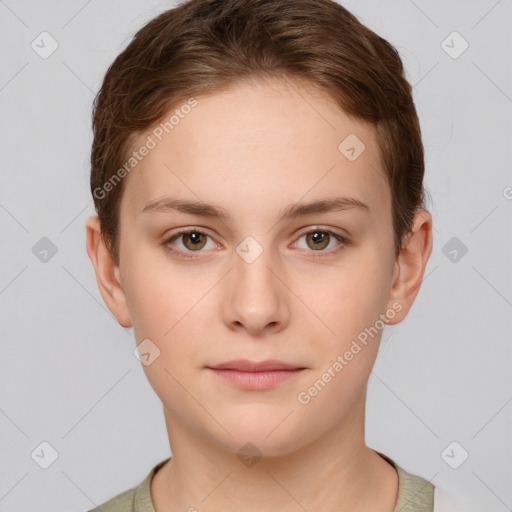 Neutral white young-adult female with short  brown hair and brown eyes