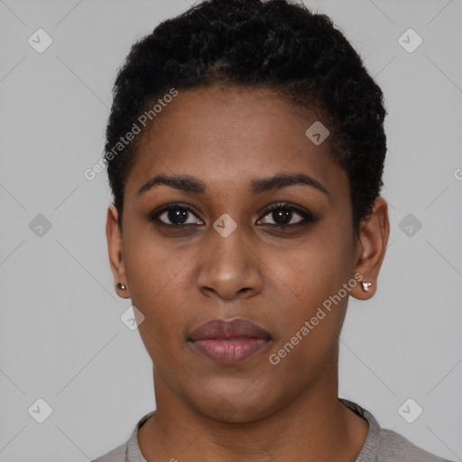 Neutral black young-adult female with short  black hair and brown eyes