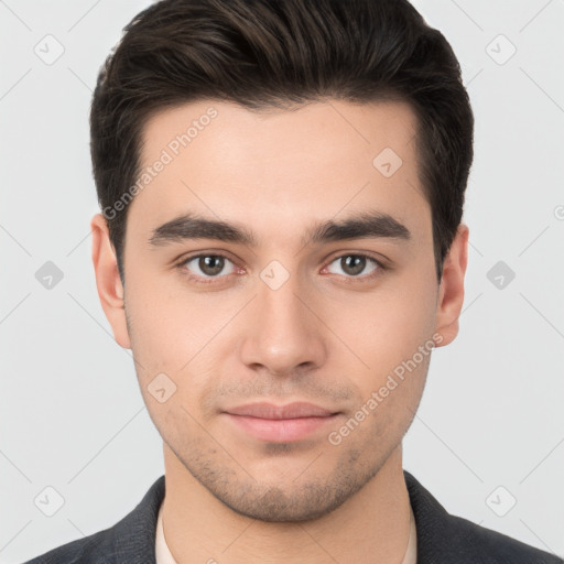 Neutral white young-adult male with short  brown hair and brown eyes