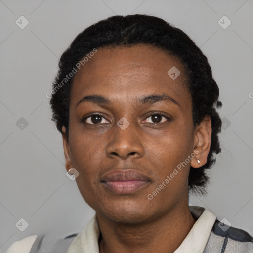 Neutral black young-adult female with short  black hair and brown eyes