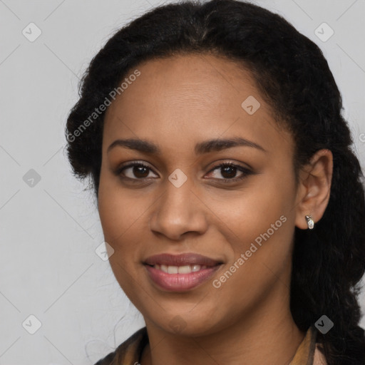 Joyful latino young-adult female with long  black hair and brown eyes