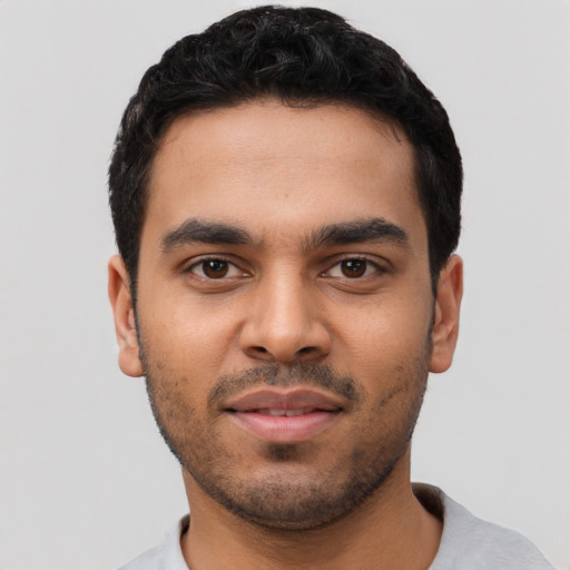 Neutral latino young-adult male with short  black hair and brown eyes