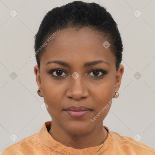 Neutral black young-adult female with short  black hair and brown eyes