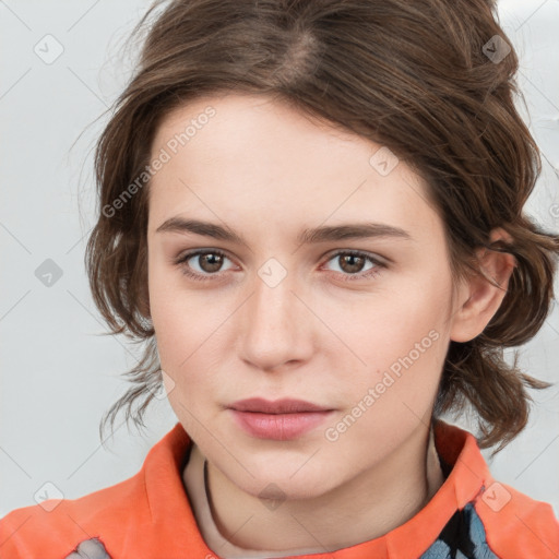 Neutral white young-adult female with medium  brown hair and grey eyes