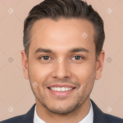 Joyful white young-adult male with short  brown hair and brown eyes