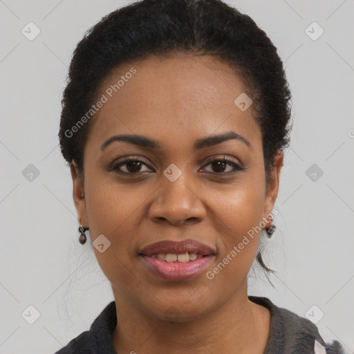 Joyful latino young-adult female with short  black hair and brown eyes