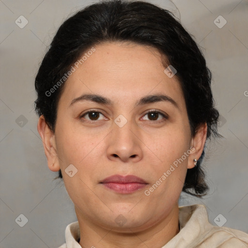 Joyful white adult female with medium  brown hair and brown eyes