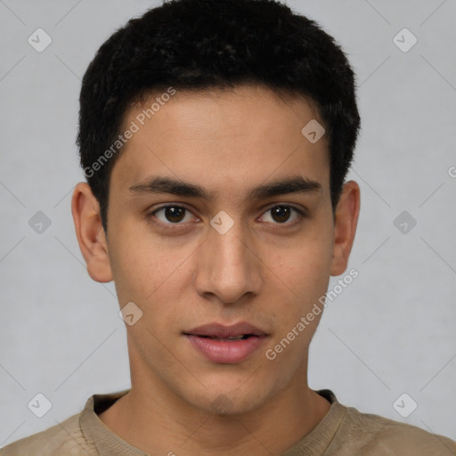 Neutral latino young-adult male with short  brown hair and brown eyes