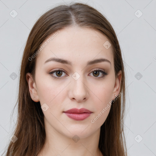 Neutral white young-adult female with long  brown hair and brown eyes