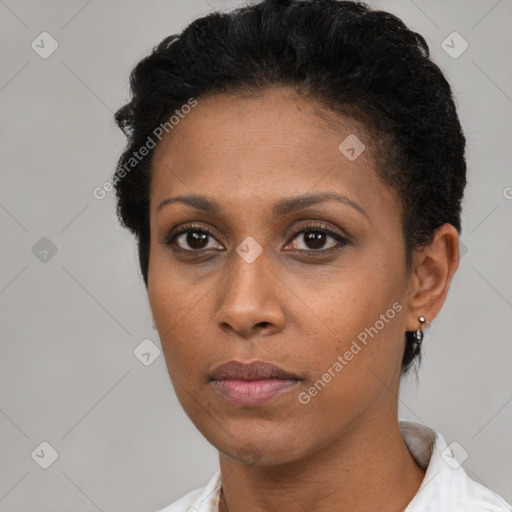 Neutral latino young-adult female with short  brown hair and brown eyes