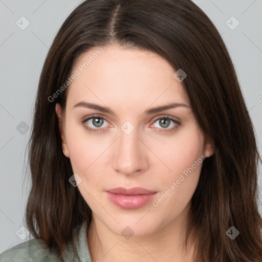 Neutral white young-adult female with medium  brown hair and brown eyes