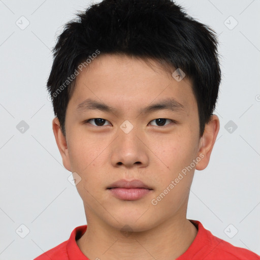 Neutral asian young-adult male with short  brown hair and brown eyes